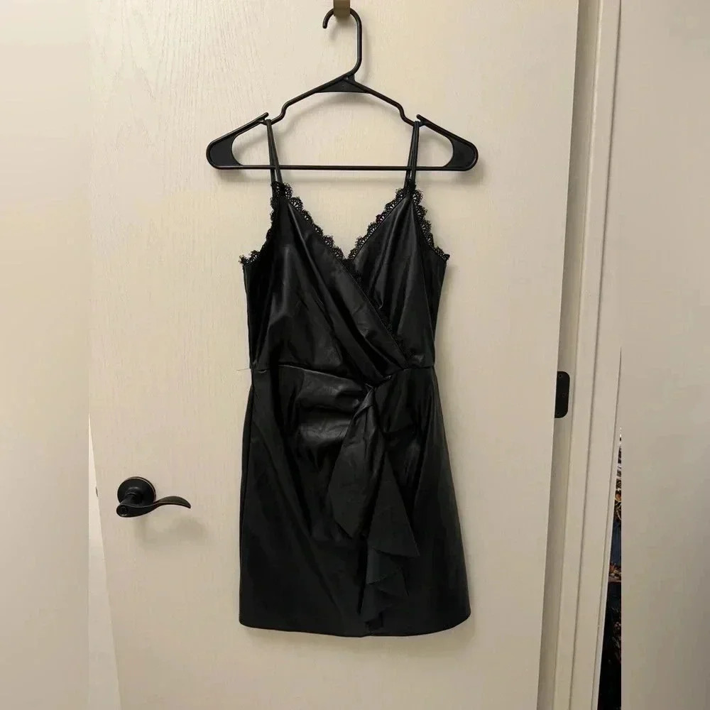 Promesa Black Faux Leather Lace Trim Wrap Mini Dress Small Party Club